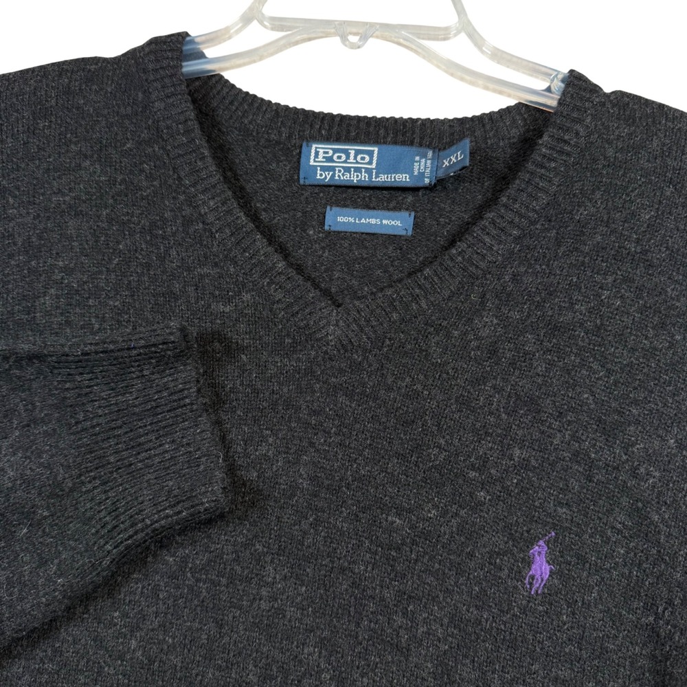 Polo Ralph Lauren V-Neck Sweater Mens XXL Charcoal Grey Lambswool Purple Pony